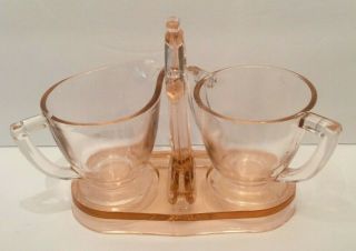 Vintage Pink Depression Glass Creamer & Sugar Bowl In Caddy With Handled Tray