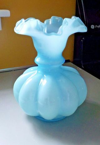 Vintage Fenton Art Glass Light Blue Melon Ruffled Top Vase
