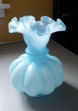 Vintage Fenton Art Glass Light Blue Melon Ruffled Top Vase 2