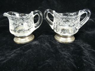 Antique Cambridge Chantilly Etched Glass Sugar Creamer Sterling Bases