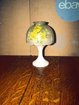 Vintage Westmoreland Glass Fairy Lamp - Milk Glass / Crystal Satin W/ Yellow Rose