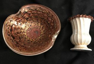 Vintage Seguso Murano Copper & Gold Art Glass Bowl Italian Cigar Ashtray & Urn