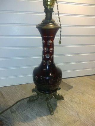 Bohemian Czech Ruby Red Cut To Clear Glass Lamp 14 1/2” Tall