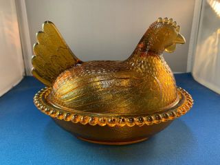 Vintage Indiana Glass Hen On Nest - - Amber Colored Glass