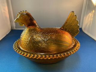 VINTAGE INDIANA GLASS HEN ON NEST - - AMBER COLORED GLASS 2