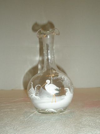 Vintage Mary Gregory Style Clear Art Glass Vase Hand Painted Egret Ruffle Top