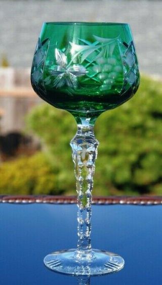 Green 8 " Wine Hock Cut To Clear Crystal Lausitzer La15 Germany