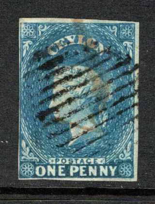 Ceylon 1857 - 59 (wmk Star,  Imperf) 1d Blue Sg2a (4 Margins)