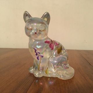 Vintage Fenton Opalescent Hand - Painted Cat Figurine Signed