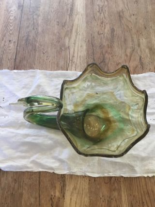 Vintage Hand Blown Green With Amber Swirls Art Glass Swan Bowl.