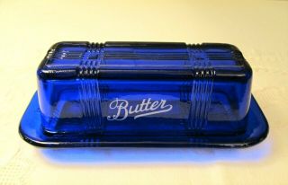 Cobalt Blue Glass Butter Dish Crisscross Vintage Style 1/4 Lb Stick Butter W Lid
