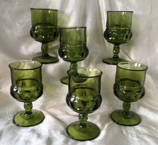 Set Of 6 Indiana Glass Avocado Green Kings Crown Thumbprint Goblets Vintage