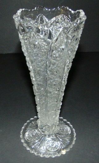 Vtg American Brilliant Abp Clear Glass Sawtooth Trumpet Vase 8 " Tall Gc