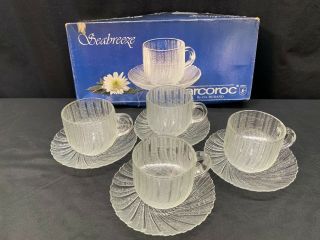 Set Of 4 Arcoroc France Clear Glass " Seabreeze " Cups & Saucers W/box