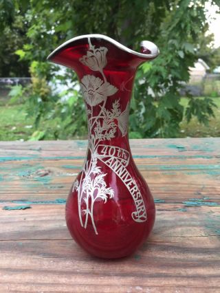 Vintage Sterling On Crystal Hand Blown Red Glass Vase 40th Anniversary Flowers
