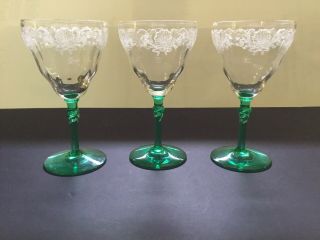 3 Bryce Ribbed Green Twisted Stem Water Glasses 6 1/4 " Shell Etched 325 (rare)