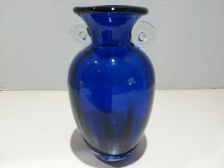 Hand Blown Cobalt Blue Art Glass Vase With Clear Applied Handles