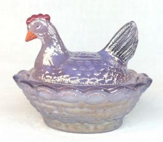 Boyd Art Glass Early Covered Rooster / Chick Salt Grape Parfait Carnival 109