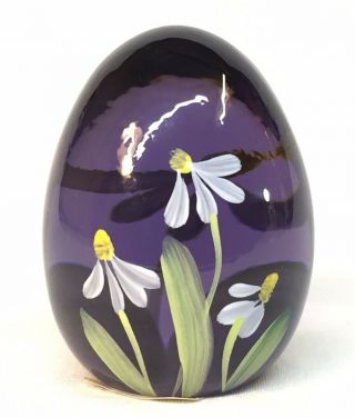 Fenton Art Glass Hand Painted Flowers On Purple Egg