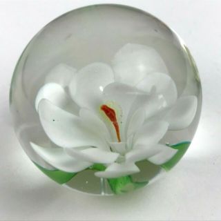Small Vintage Art Glass Paperweight White Flower With Styme Bubbles