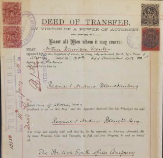 Rhodesia Bsac 1904 Deed Of Transfer Revenue Document Bearing 10/ -,  £1 & £2 X 2