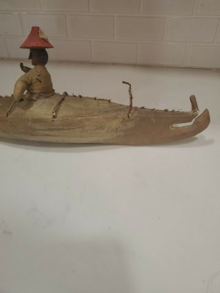 Rare Antique Vintage Alaskan Inuit Eskimo Seal Skin Canoe with Wooden Rider 15 