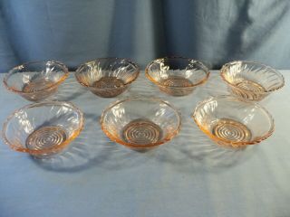 Set Of 7 Jeannette Pink Depression Glass Swirl Berry Bowls 5 1/4 " Wide