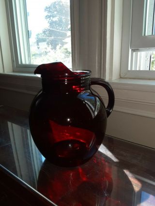 Anchor Hocking Ruby Red Glass Ball Pitcher With Ice Lip 9”tall