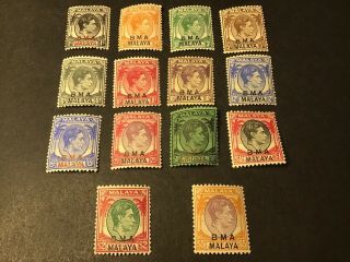 1945 - 48 Malaya Bma Kgvi Overprints Set Of 14 Stamps Muh.