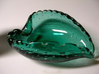 Mid - Century Murano Italian Art Glass Bowl Turquoise Green Bubbles Scalloped Rim