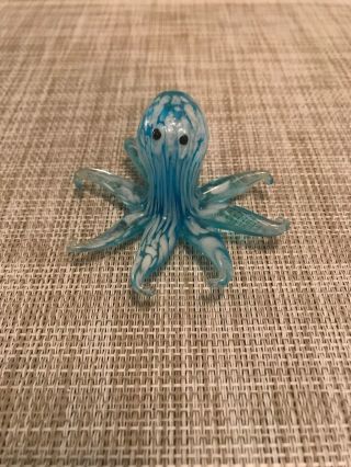 Murano Style Octopus Hand Sculpted Art Glass Blue & Clear & White Cute 2”x3”