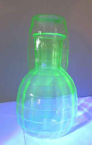 Vtg Bedside Carafe & Cup Depression Glass Green Vaseline Uranium Ribbed Squares