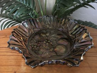 Vintage Federal Glass Iridescent Smoke Carnival Ruffled Bowl Platter Fruit Plate