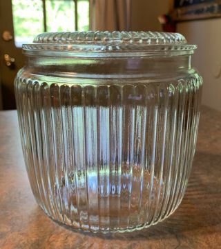 Vintage Round Ribbed Anchor Hocking Refrigerator Dish With Lid Biscuit Jar