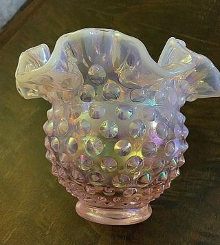 Fenton Hobnail Opalescent Vase Pink With Label Ruffled 4 "