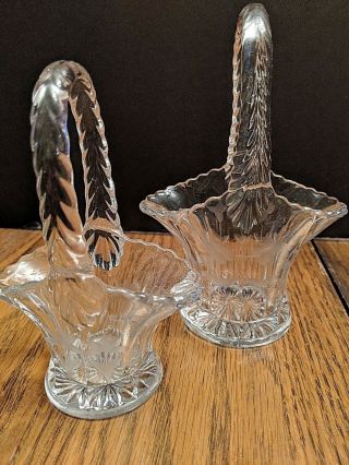 2 Small Crystal Glass Baskets With Etched Flower Design 5 - 1/2 " & 7 " High