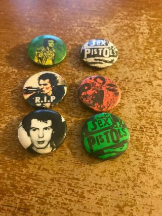 6 X Vintage 80s Sex Pistols & Sid Vicious Badges Pin Buttons Punk