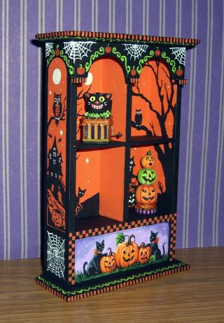 Dollhouse Hand Painted Halloween Cabinet Curio Cat Witch Pumpkins 1:12 L.  Lassige