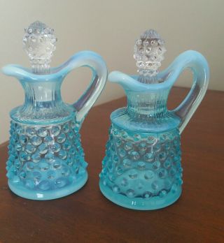 Fenton Blue Opalescent Hobnail Small Cruets W Clear Stoppers