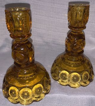 6 1/4” Amber Le Smith Moon & Stars Glass Candle Holders