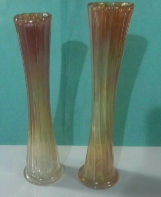 Vintage Set Of 2 Carnival Glass Flute Flower Vases 10 " And 9 1/4 "