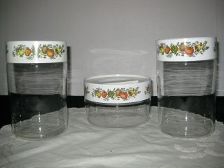 3 Vintage Pyrex SEE n STORE Spice of Life Glass Storage Canisters w/seals 26 1 2