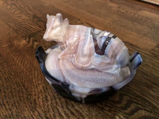 Vintage Purple & White Swirled Marbled Slag Glass Cow Lidded Covered Candy Dish