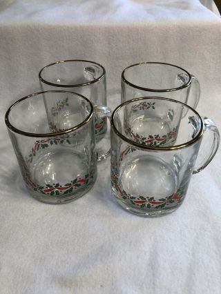 Set Of 4 Libbey Usa Clear Glass Christmas Holiday Mugs W Gold Trim Holly Berries