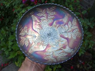 Carnival Glass.  Fenton.  Green Stag And Holly Ics Bowl.  Great Iridescence.  Vgc.