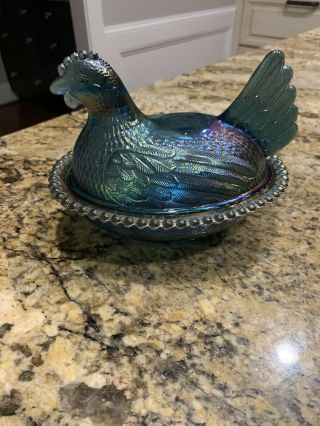 Indiana Carnival Glass Iridescent Blue Chicken Hen On Nest Covered Candy Dish