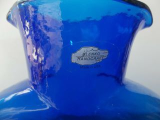 Vintage Blenko Glass Cobalt Blue Double Spout Carafe Pitcher with Label 2