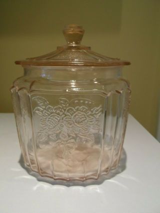 Vintage Anchor Hocking Mayfair Open Rose Pink Depression Glass Lidded Cookie Jar