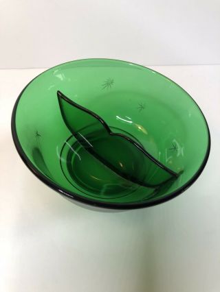 Vintage Emerald Green Depression Glass Divided Candy Nut Dish Atomic Starburst