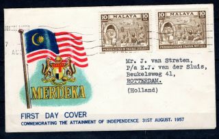 Malaya Malaysia 1957 Merdeka Independence Fdc First Day Cover To Holland